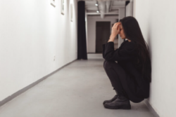 Stressed overworked young business woman sitting on floor. Fired and feeling depression in workplace of office.